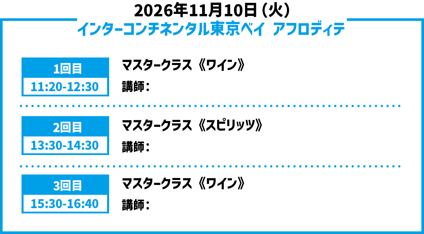 2024年10月9日(水) インターコンチネンタル東京ベイ1回目13:00-14:00ノンアル、泡、白：フレッシュなイタリアワインの魅力2回目15:00-16:00優雅さと力：イタリアの赤ワインの素晴らしさ